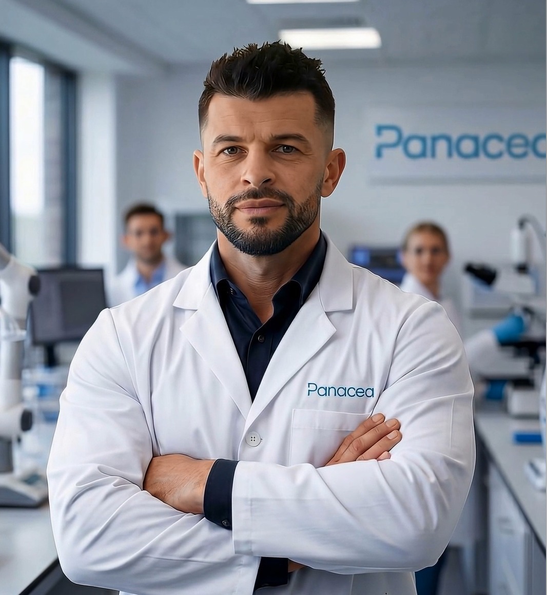 Bogdan Dicoias, inventor of KineticON, in a Panacea laboratory coat in the Panacea laboratory